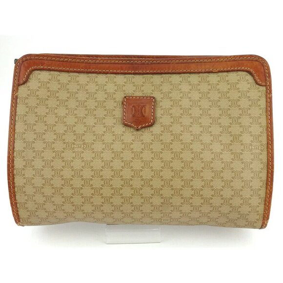CELINE Clutch Bag Macadam Beige PVC ?~ Leather Authentic Used F1688 - Picture 1 of 10